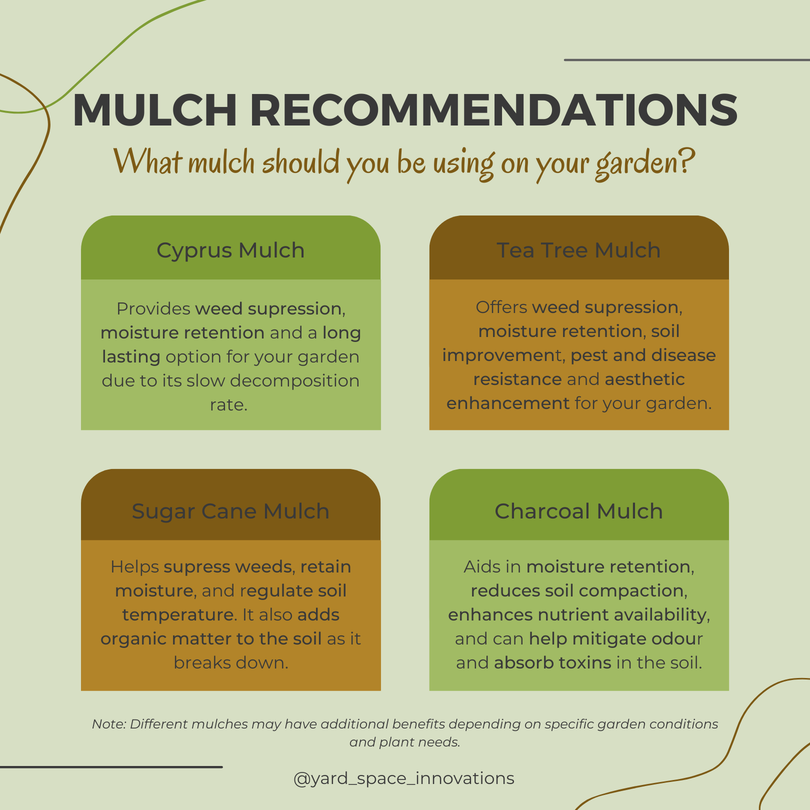 Graphic design showcasing mulch recommendations for your garden. The mulches featured are Cyprus, Tea Tree, Sugar Cane, and Charcoal Mulch. Each mulch has specific benefits including weed suppression, moisture retention, soil improvement, pest and disease resistance, and aesthetic enhancement. Cyprus mulch offers long-lasting effects due to slow decomposition. Tea Tree mulch also enhances soil quality. Sugar Cane mulch regulates soil temperature and adds organic matter. Charcoal mulch aids in moisture retention, nutrient availability, and odor/toxin mitigation.